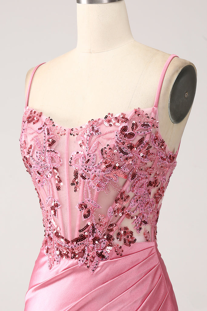 ZAPAKA Women Pink Satin Mermaid Corset Prom Dress with Slit Spaghetti