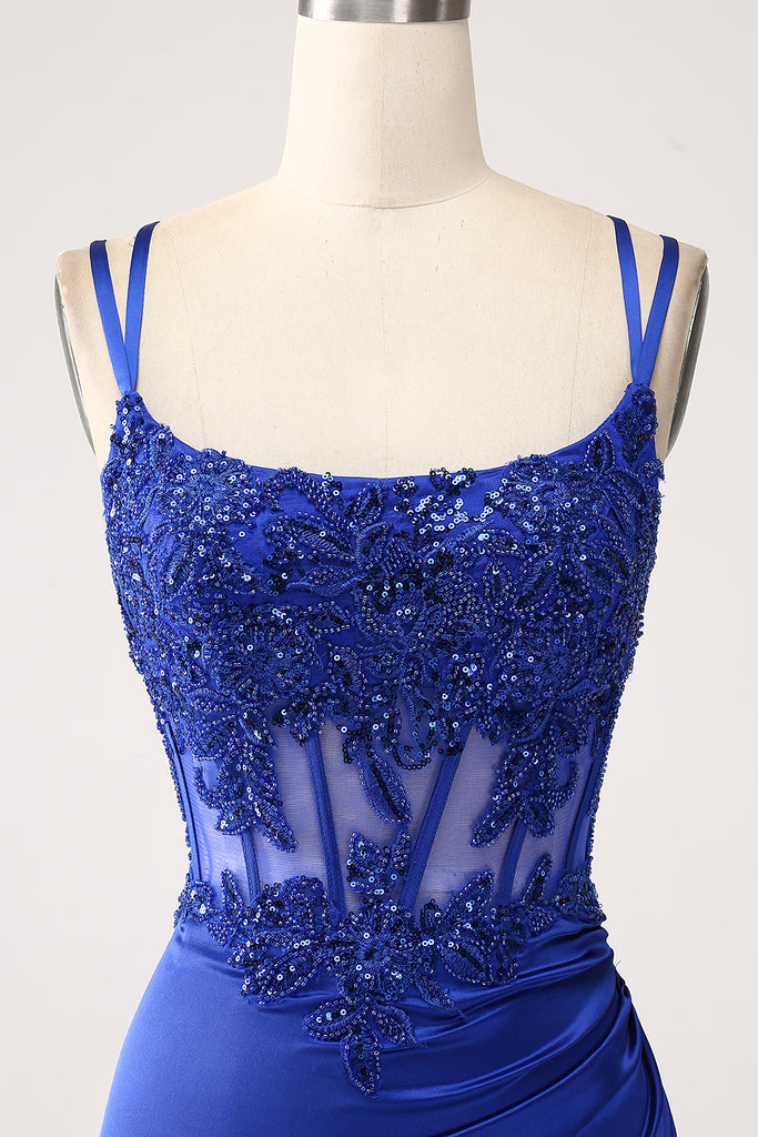 Charming Strapless Lace Beaded Mermaid Slit Evening Dress,Royal Blue Long Party Prom Dress cc2811 main image 1