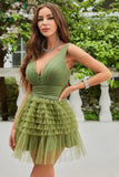 A Line Deep V Neck Green Short Homecoming Dress with Ruffles