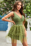 A Line Deep V Neck Green Short Homecoming Dress with Ruffles