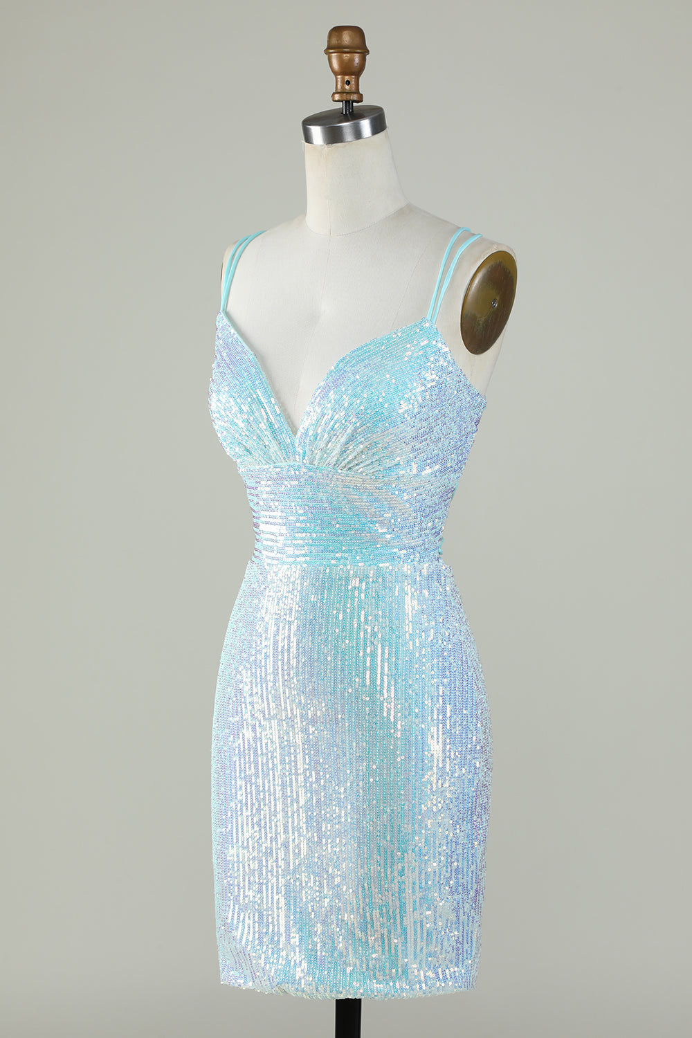 Bling Sheath Spaghetti Straps Light Blue Sequins Short Homecoming Dress with Criss Cross Back