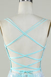 Bling Sheath Spaghetti Straps Light Blue Sequins Short Homecoming Dress with Criss Cross Back