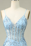 Mermaid Spaghetti Straps Blue Long Prom Dress With Feathers