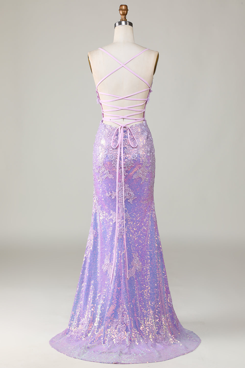Sparkly Mermaid Spaghetti Straps Purple Corset Prom Dress with Slit