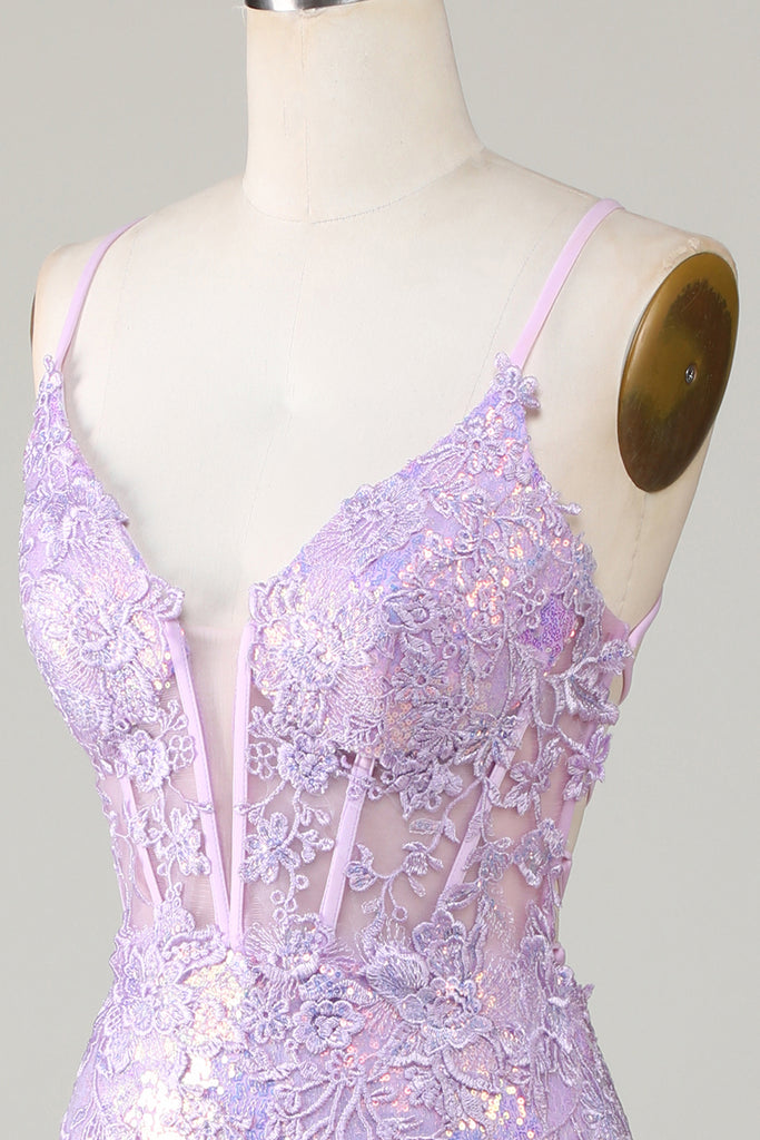Purple Mermaid Spaghetti Straps Corset Long Ball Dress with Slit