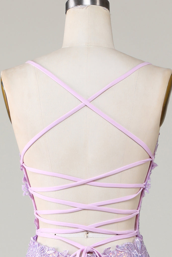 A-Line Spaghetti Straps Purple Corset Ball Dress with 3D Flowers