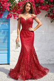Mermaid Off the Shoulder Burgundy Corset Prom Dress with Bronzing
