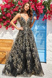 A Line Spaghetti Straps Black Golden Long Prom Dress with Bronzing