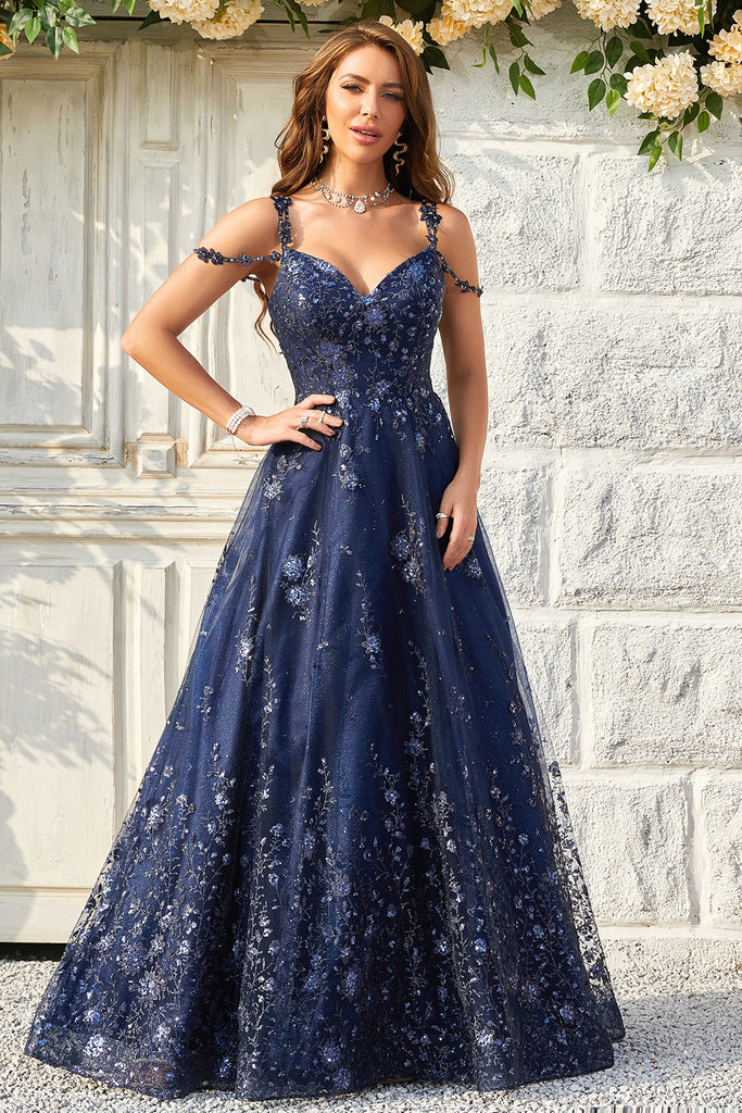 Zapaka Women Navy Long Prom Dress A Line Off the Shoulder Formal Dress