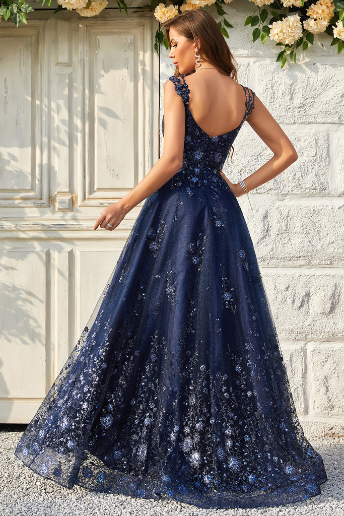 Navy One Shoulder A-Line Long Evening Dress Graduation Party Dress, DP3279