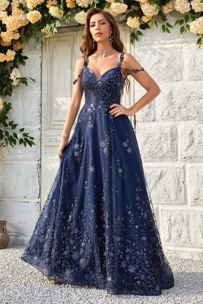 Zapaka Women Navy Long Prom Dress A Line Off the Shoulder Formal Dress ...