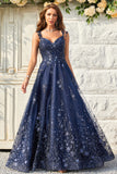 Navy A Line Cold Shoulder Long Prom Dress