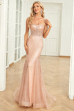 Mermaid Spaghetti Straps Blush Sequins Long Prom Dress with Train