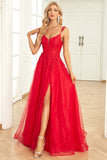 A Line Spaghetti Straps Red Long Prom Dress with Appliques