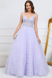 Princess A Line V Neck Purple Long Prom Dress with 3D Flowers