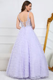 Princess A Line V Neck Purple Long Prom Dress with 3D Flowers
