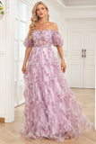 Charming A Line Off the Shoulder Purple Long Prom Dress with Printing