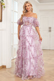 Charming A Line Off the Shoulder Purple Long Prom Dress with Printing