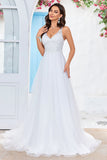 Ivory V-Neck Tulle Sweep Train A Line Wedding Dress with Lace