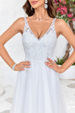 Ivory V-Neck Tulle Sweep Train A Line Wedding Dress with Lace