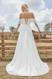 Off The Shoulder Ivory Boho Chiffon Ruched A Line Wedding Dress