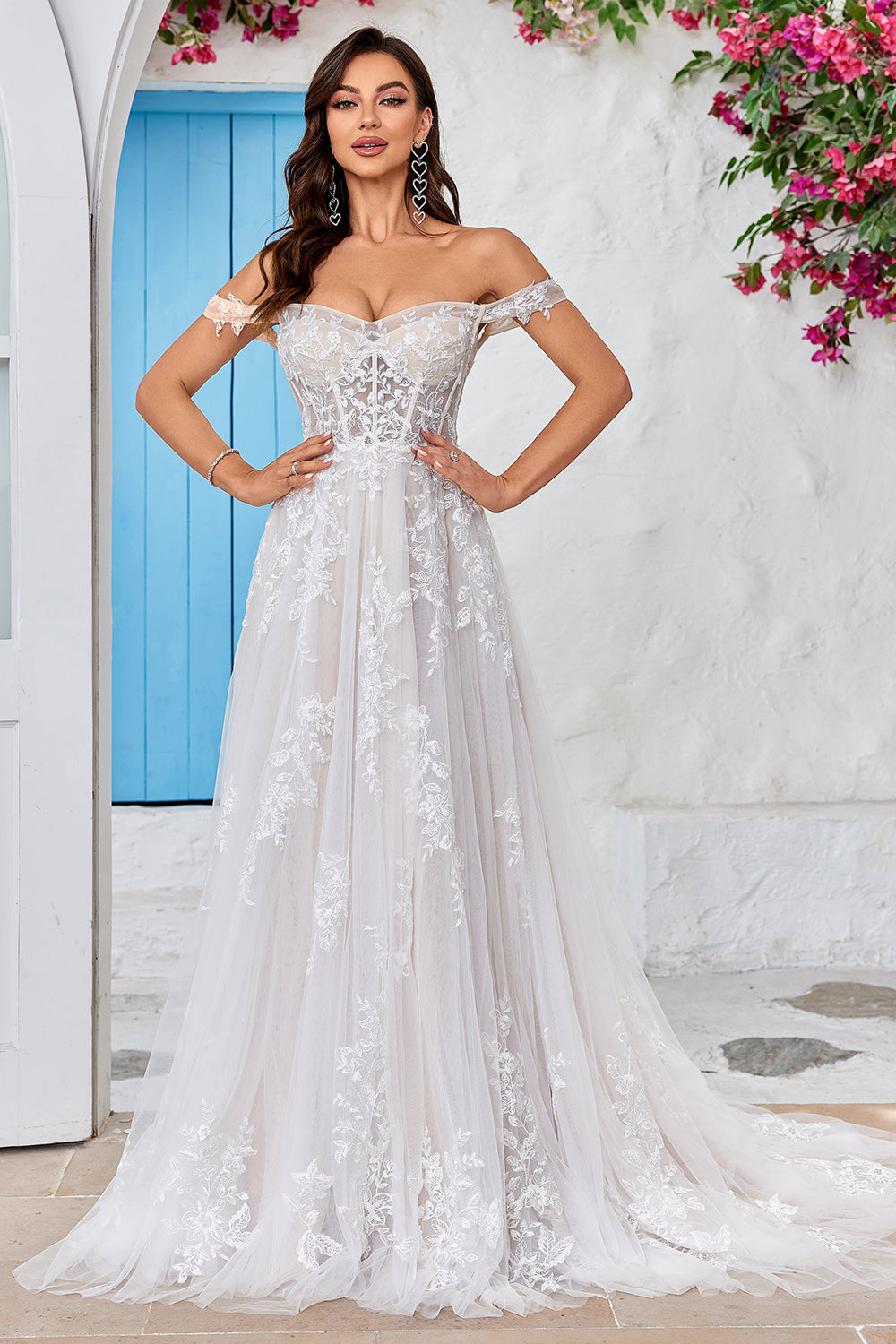 Zapaka Women Ivory Detachable Off the Shoulder Corset Tulle Wedding Dress Sweep Train Bridal Dress with Lace, Champagne / US4 Zapaka Women Ivory Detachable Off the Shoulder Corset Tulle Wedding Dress Sweep Train Bridal Dress with Lace, Champagne / US4
