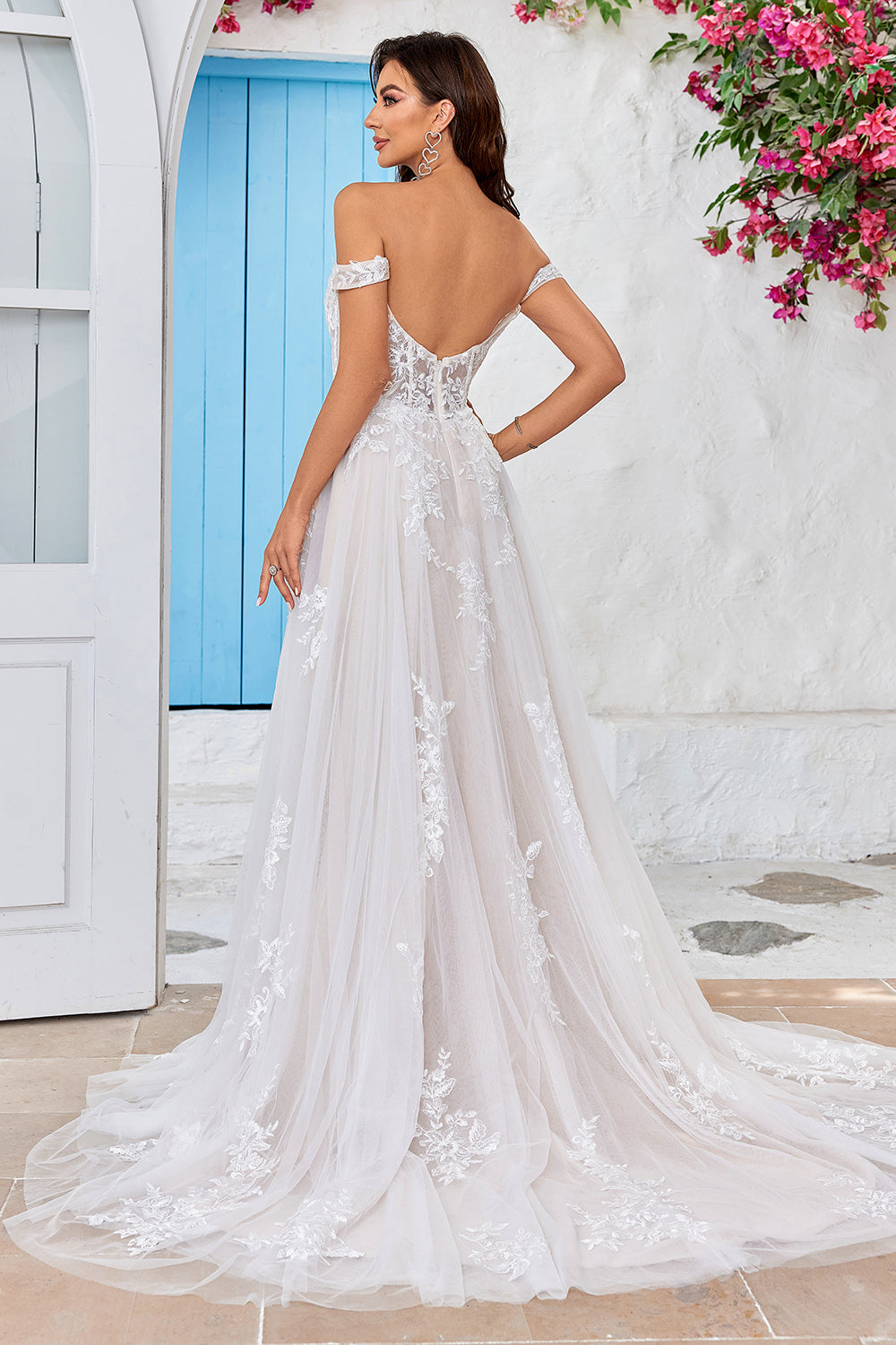 Zapaka Women Ivory Detachable Off The Shoulder Corset Tulle Wedding Dress Sweep Train Bridal Dress with Lace, Champagne / US4 Zapaka Women Ivory Detachable Off The Shoulder Corset Tulle Wedding Dress Sweep Train Bridal Dress with Lace, Champagne / US4
