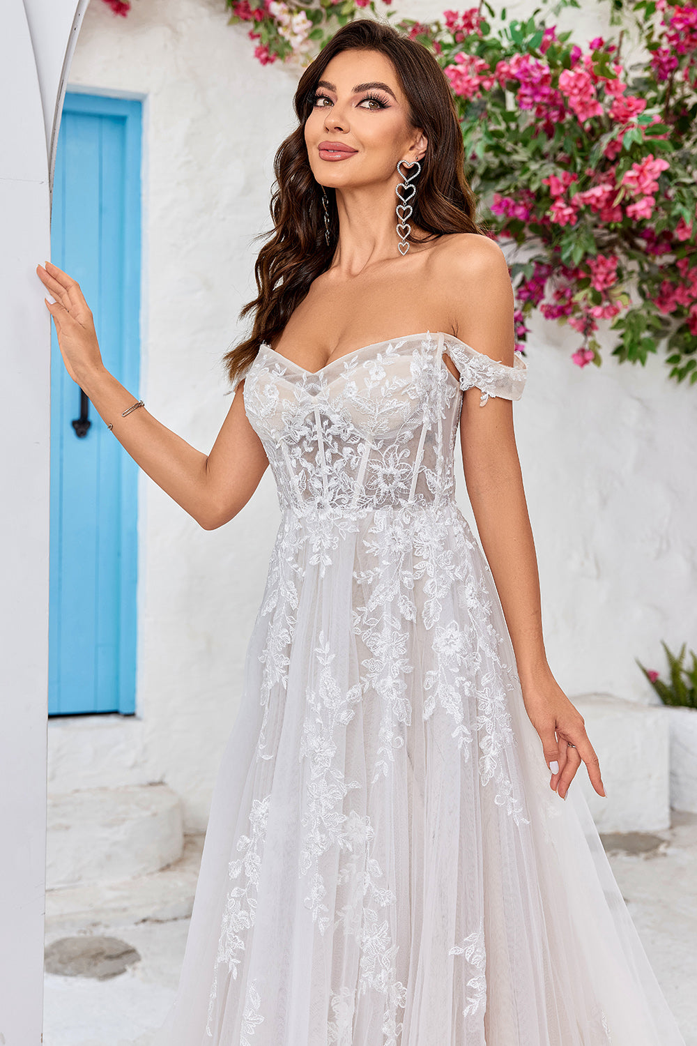 Zapaka Women Ivory Detachable Off the Shoulder Corset Tulle Wedding Dress Sweep Train Bridal Dress with Lace ZAPAKA Zapaka Women Ivory Detachable Off the Shoulder Corset Tulle Wedding Dress Sweep Train Bridal Dress with Lace ZAPAKA