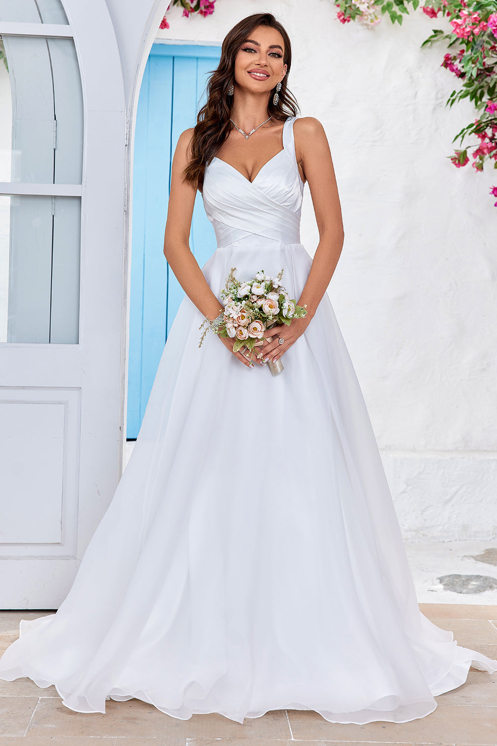 Zapaka Women Simple Ivory Organza Sweep Train Wedding Dress Scoop Neck A-Line Bridal Dress, Ivory / US8 Zapaka Women Simple Ivory Organza Sweep Train Wedding Dress Scoop Neck A-Line Bridal Dress, Ivory / US8