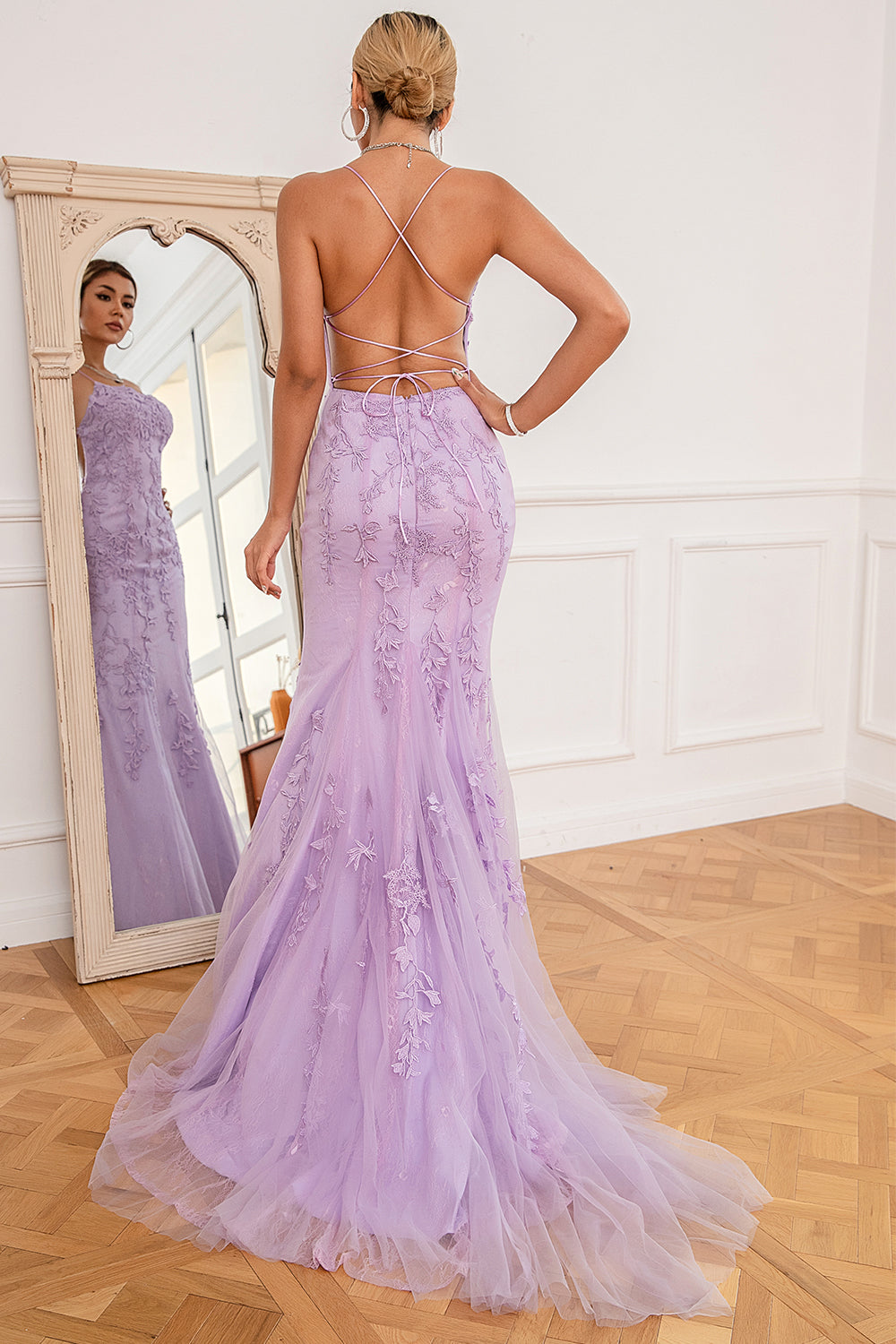 Long Mermaid V-neck Sequins Backless Prom Dress Lilac Formal