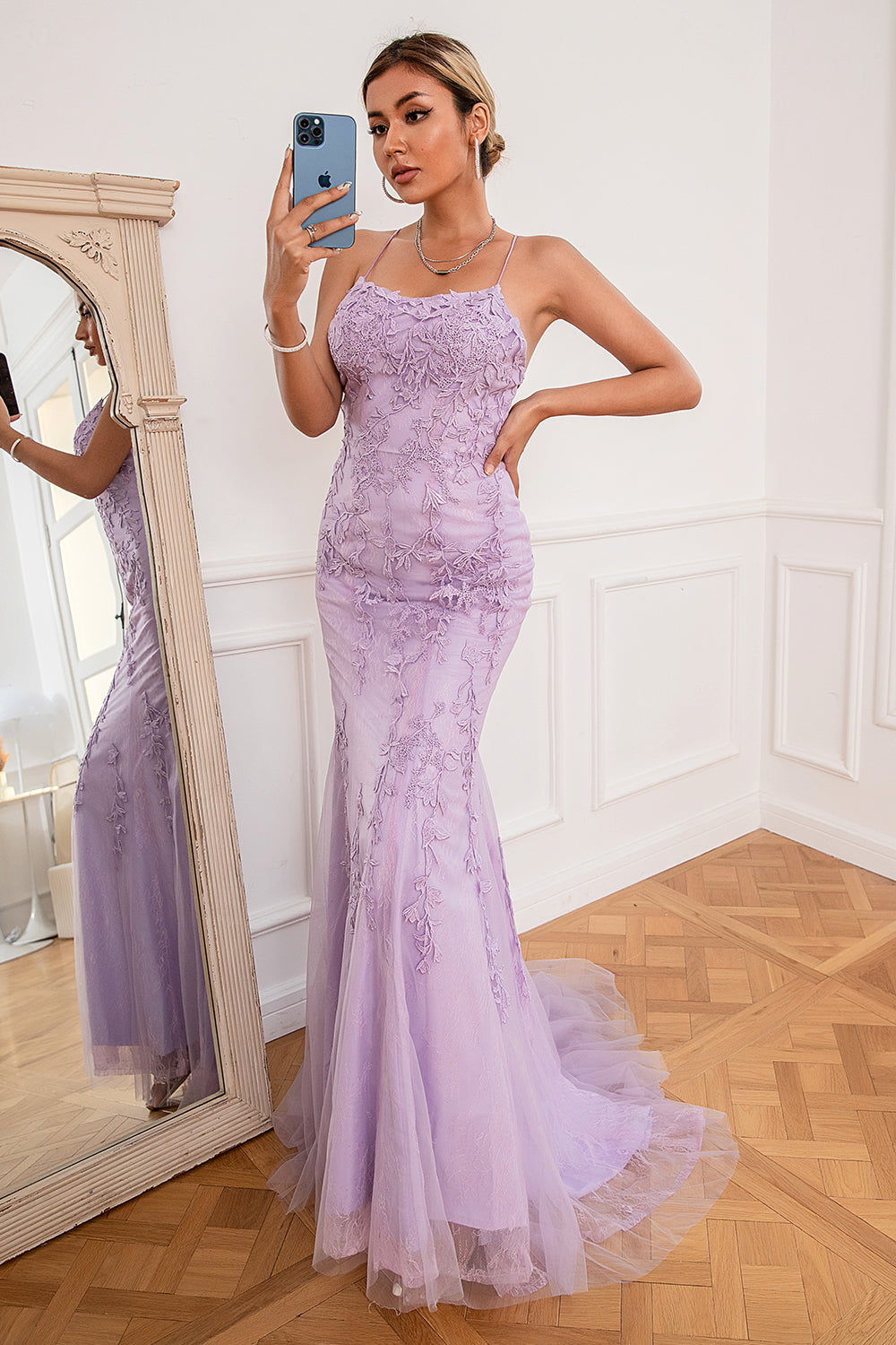 Zapaka Women Mermaid Prom Dress Light Spaghetti Straps Backless Evening Dress with – ZAPAKA