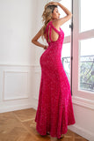 Fuchsia Sequin Long Prom Dress with Slit