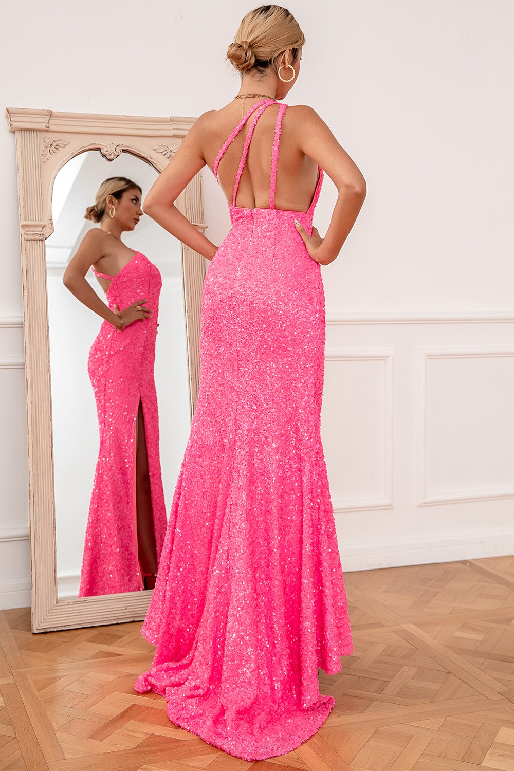 Pink Mermaid One Shoulder Sequin Prom Dress