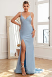 Light Blue Mermaid Long Prom Dress with Beading