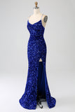 Fuchsia Mermaid Spaghetti Straps V-Neck Sequin Prom Dress With Split