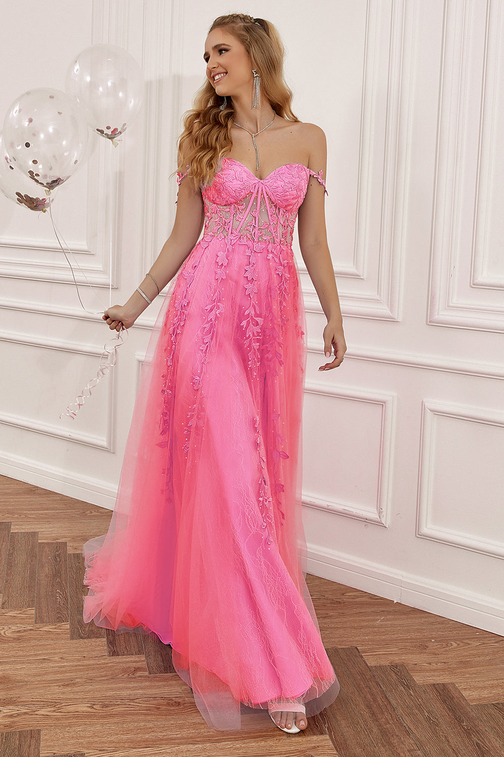 Hot Pink Lace Applique Mermaid Prom Dresses Spaghetti Strap Corset