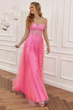 A Line Spaghetti Straps Hot Pink Prom Dress with Appliques