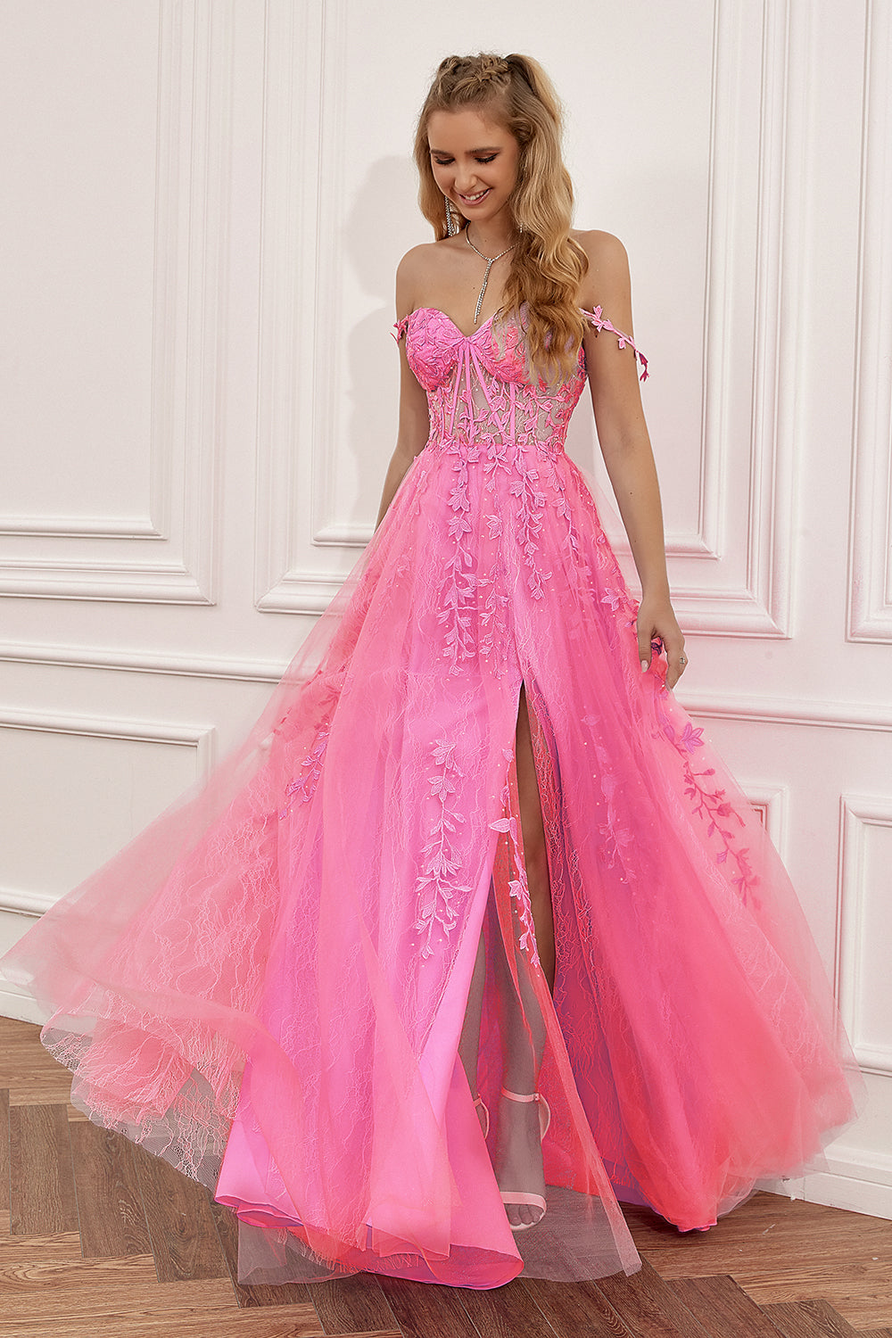 Princess Hot Pink Appliqued Prom Dress with Slit – FancyVestido