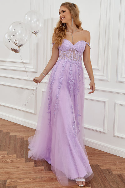Zapaka Women Purple A-Line Long Prom Dress with Slit Off the Shoulder ...