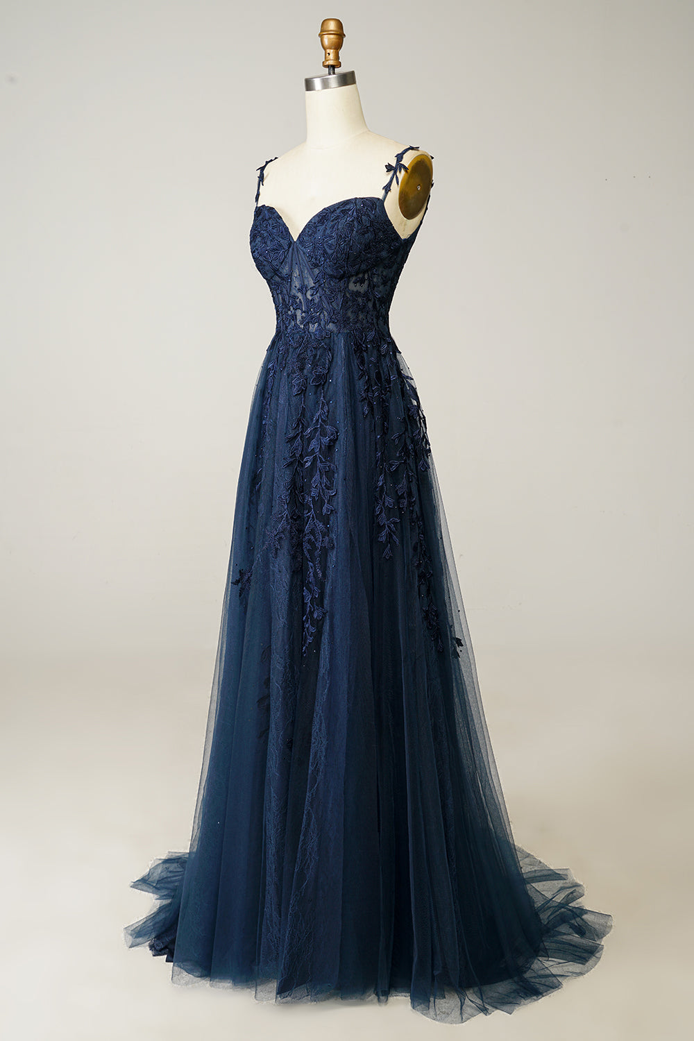 Zapaka Women Navy Prom Dress A Line Spaghetti Straps Party Dress with Appliques, Navy / US18W