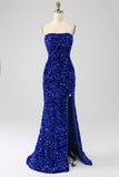Royal Blue Mermaid Strapless Sequins Long Prom Dress With Slit