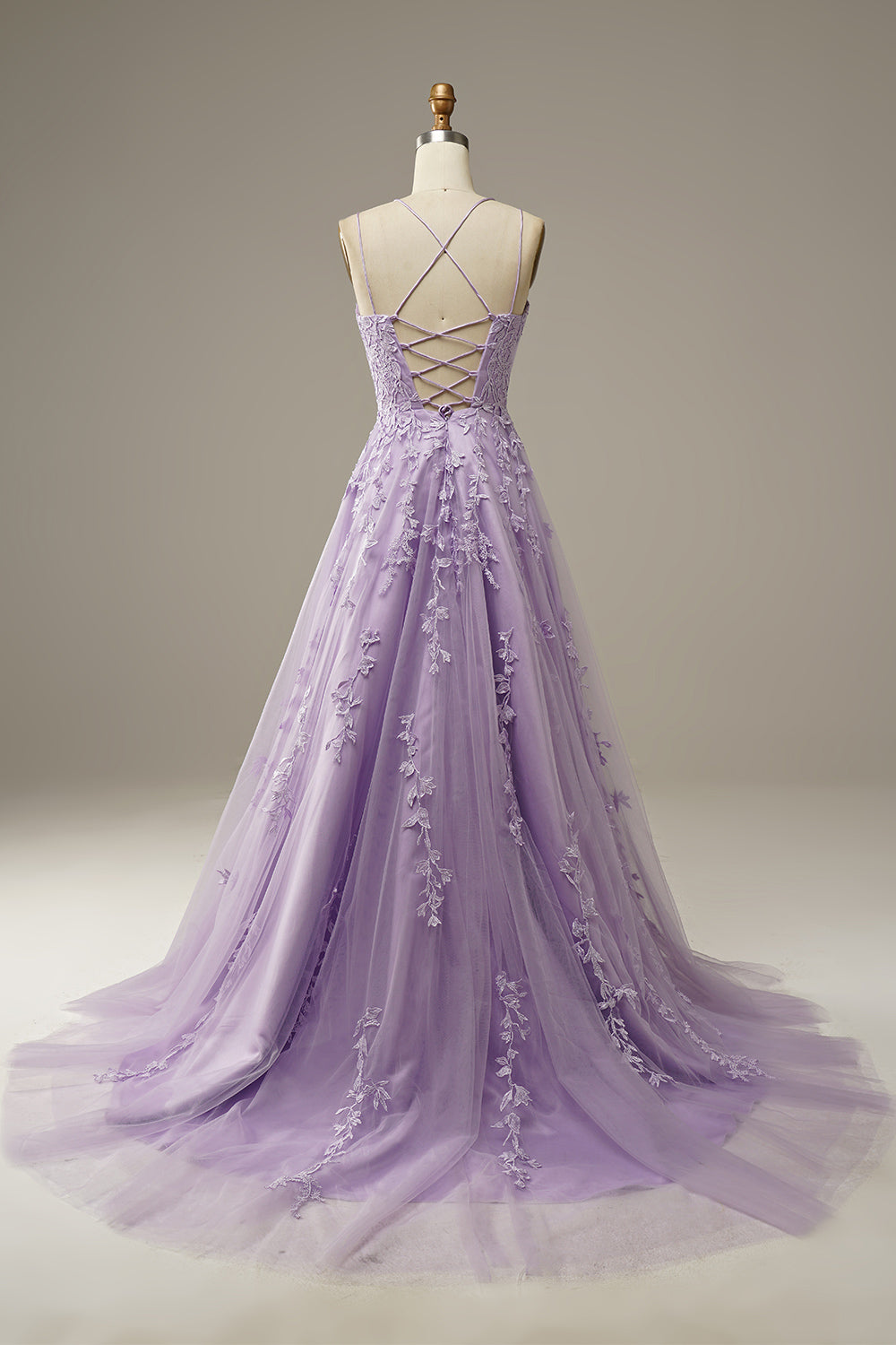 Purple Tulle A Line V Neck Lace Appliques Prom Dress PL503