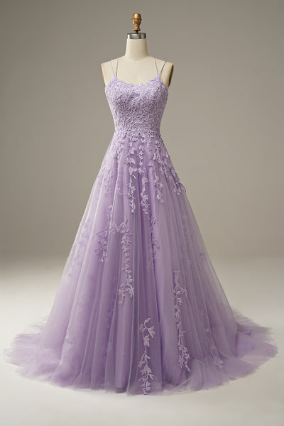 Zapaka Women's Prom Dress Appliques Purple Tulle Spaghetti Straps ...