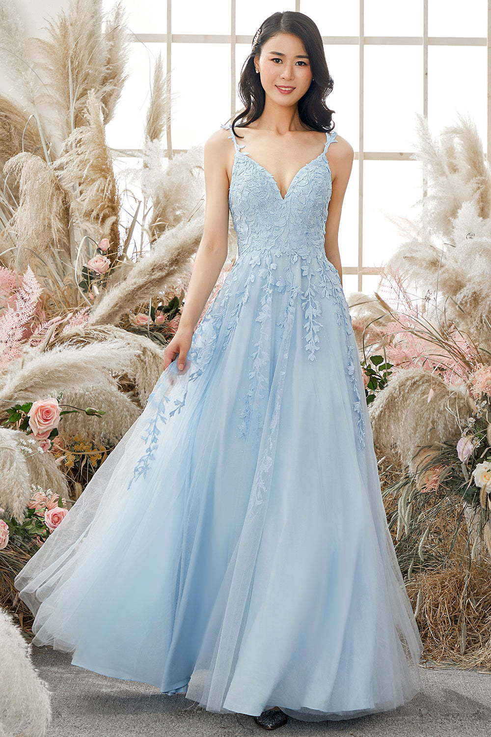 Zapaka Long Prom Dress Appliques Sky Blue Tulle Spaghetti Straps Formal Dress Zapaka Long Prom Dress Appliques Sky Blue Tulle Spaghetti Straps Formal Dress