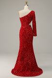 Mermaid One Shoulder Red Sequins Cut Out Prom Dress with Slit Front