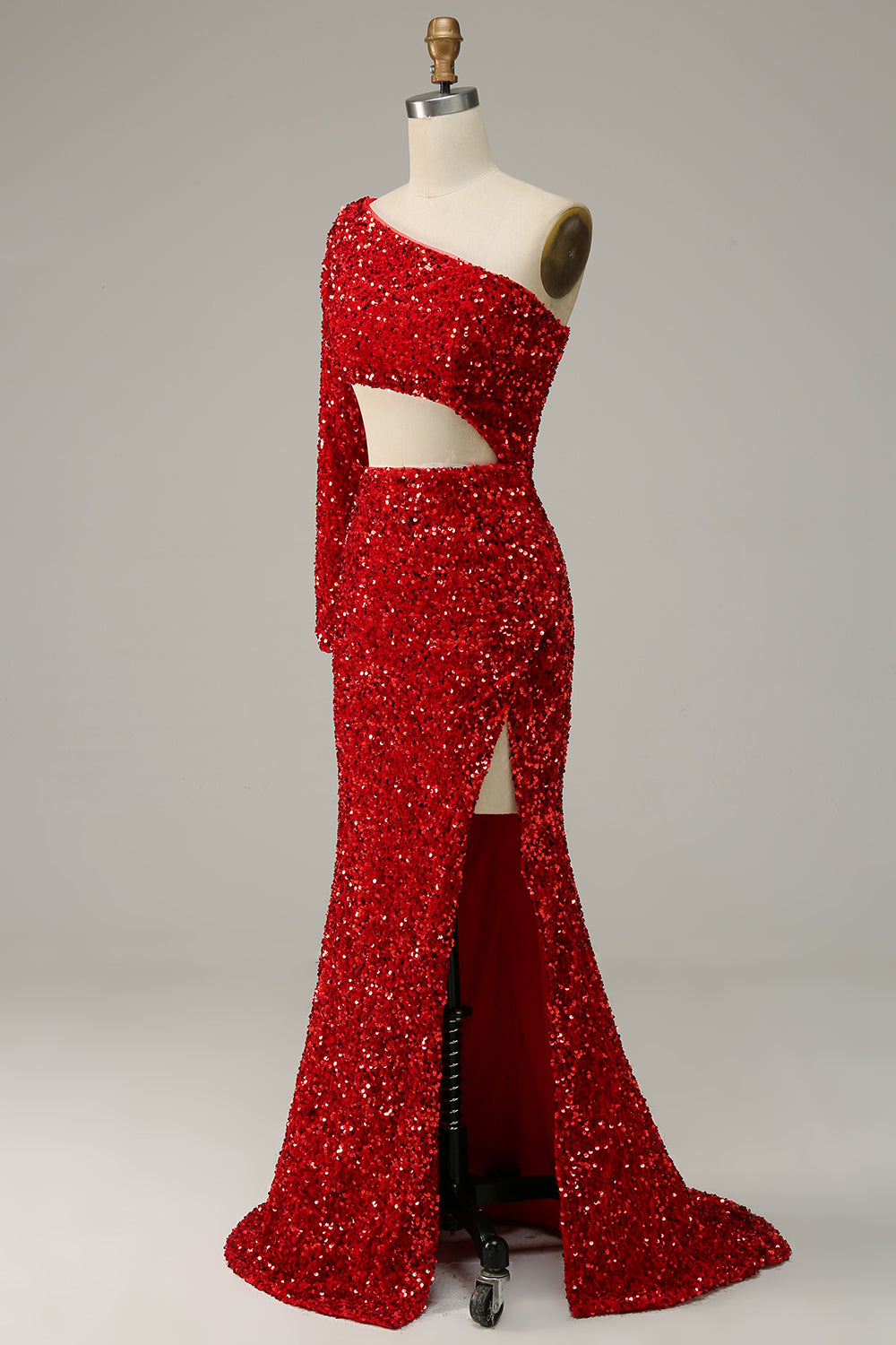 Mermaid One Shoulder Red Sequins Cut Out Prom Dress with Slit Front