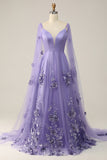 Purple Watteau Train Prom Dress With 3D Flowers