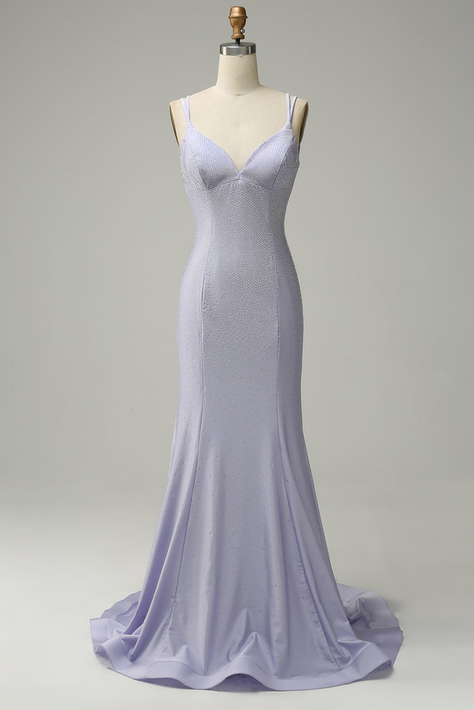 Charming Mermaid Spagehtti Straps Lilac Lace Sequin Long Prom Dress Evening Dress Y8235