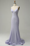 Mermaid Spaghetti Straps Lilac Long Prom Dress with Backless