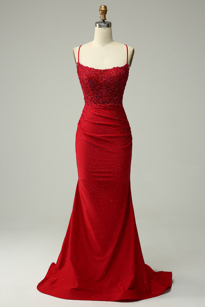 Zapaka Women Dark Red Prom Dress Mermaid Beaded Halter Evening Dress